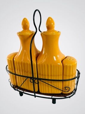 Temptations Orange Ceramic Oil Vinegar Cruet Salt Pepper Shaker Wire Caddy Set